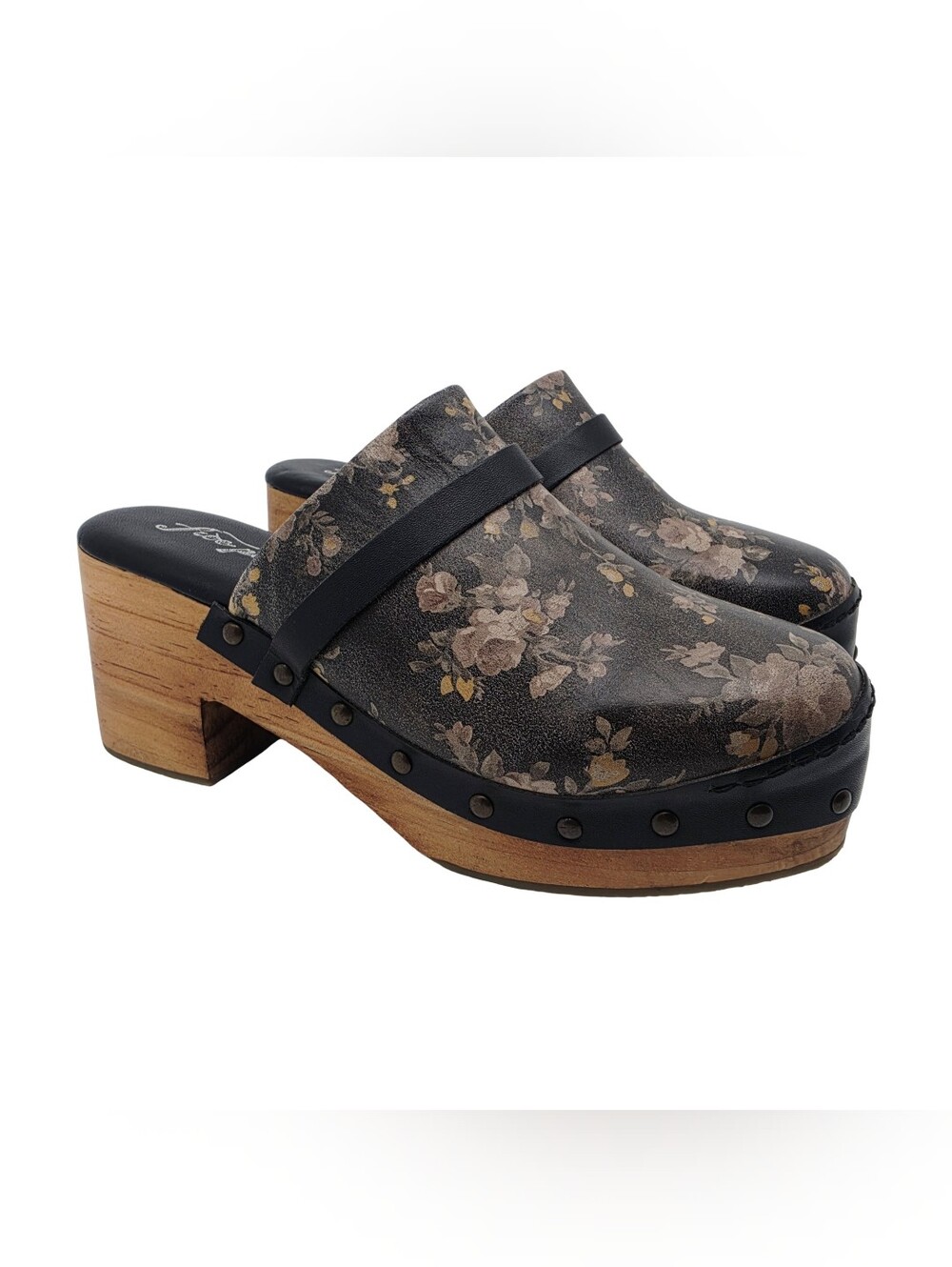Free People Calabasas Black Floral Leather Wooden Clogs 7.5